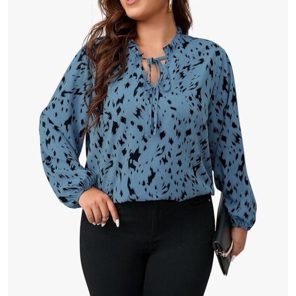 Womens Plus Size 3XL Allover Print Tie Neck Blouse Long Sleeves Dusty Blue - Picture 11 of 16